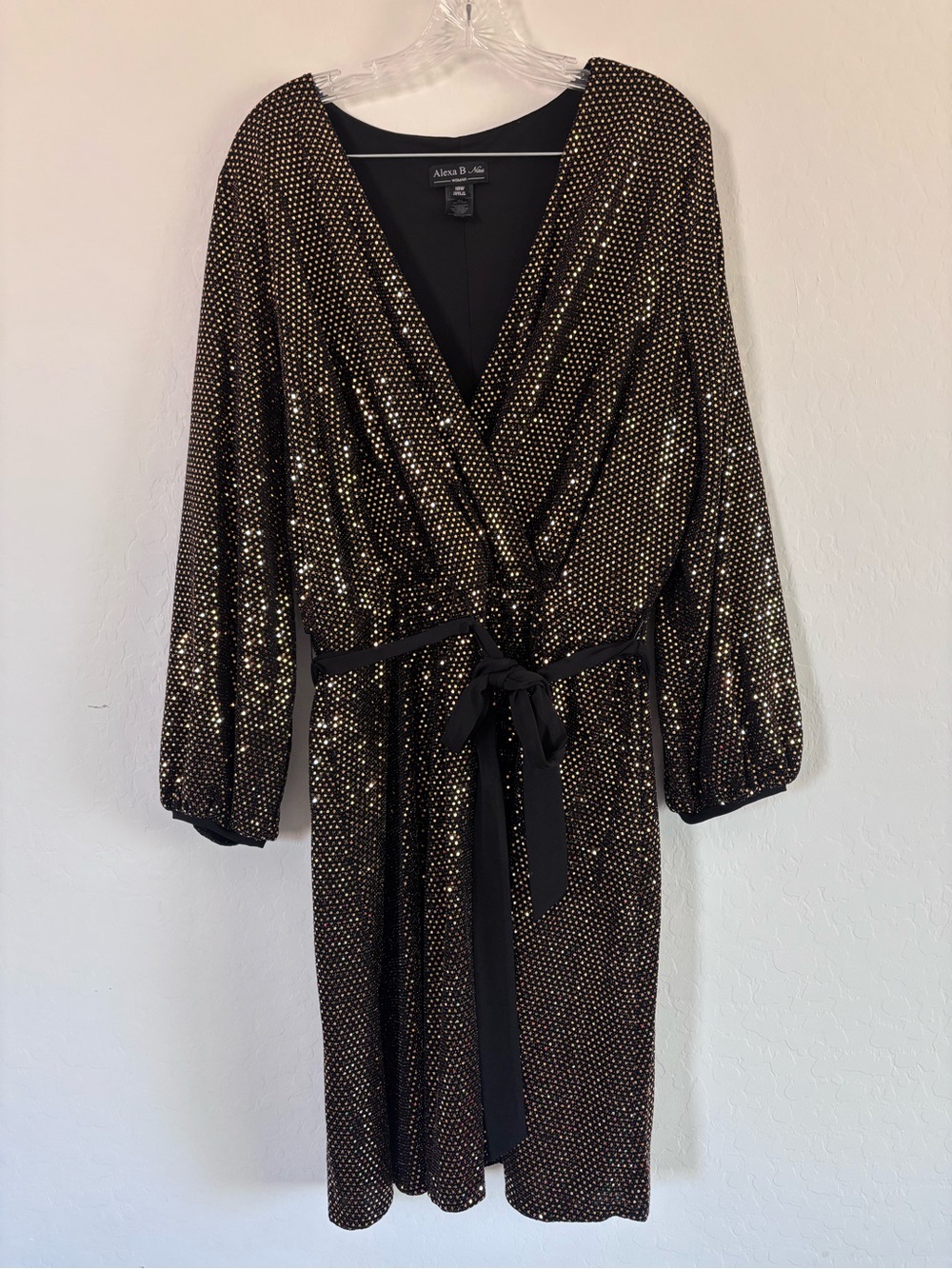 ALEXA B NITES Midi Wrap Dress Black Gold Sequin V Neck Long Sleeve Size 18W